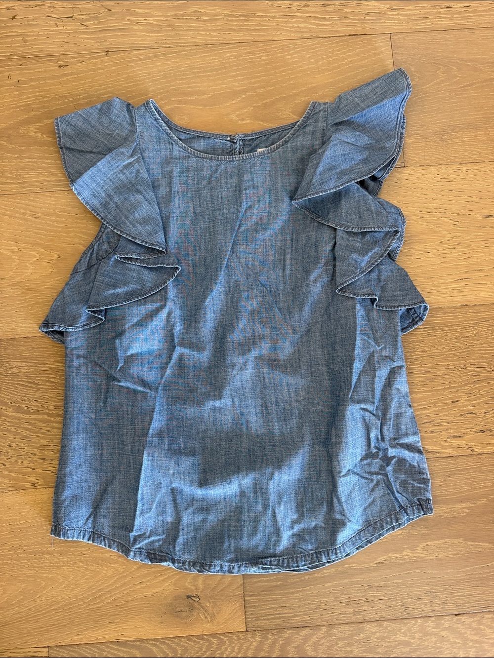 J. Crew Blue Chambray Ruffle Sleeve Tank
